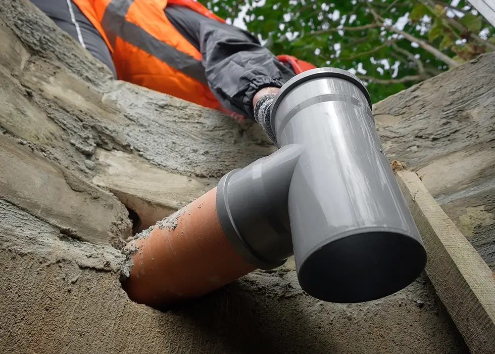 Nahaufnahme eines grauen Kunststoffrohrs, das in eine Wandöffnung aus Beton eingesetzt wird, im Hintergrund ein Arbeiter mit orange-schwarzer Arbeitskleidung